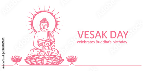 A minimalist pink line art illustration of the buddha sitting on a lotus flower for vesak day Vector, illustration