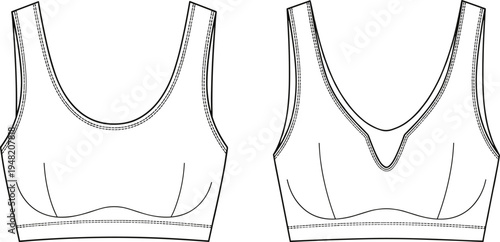 Women’s sports bra fashion sketch, front view illustration, scoop neckline, wide straps, contour seam design, garment construction technical drawing
