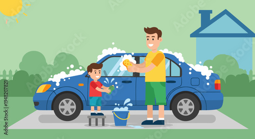 Man and boy washing blue car.