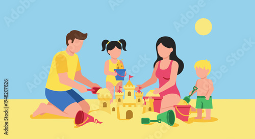 Family Building Sandcastle Together Outdoors.