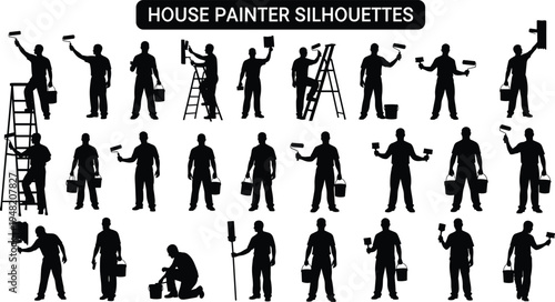 House painter worker silhouettes set with professional painters using roller, brush and ladder for wall painting and home renovation isolated on white background