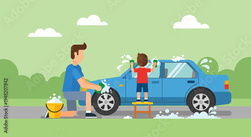 Man and child washing blue car.