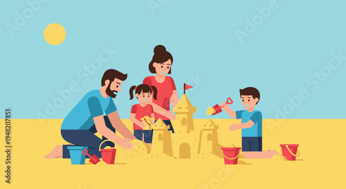 Family building sandcastle on beach together.