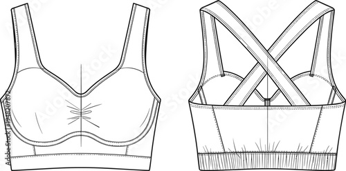 Women’s sports bra technical fashion sketch, front and back views with crisscross straps and molded cups, vector illustration – flavector