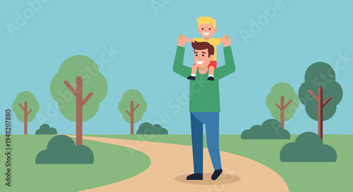 Man holding child on shoulders outdoors.