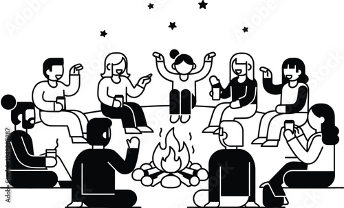 friends sitting around campfire at night