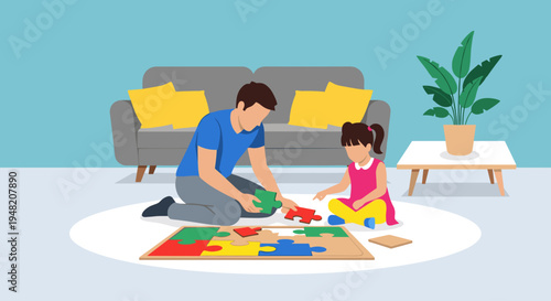 Man and little girl playing puzzle.