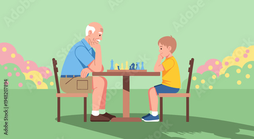 Elderly man and young boy playing chess.