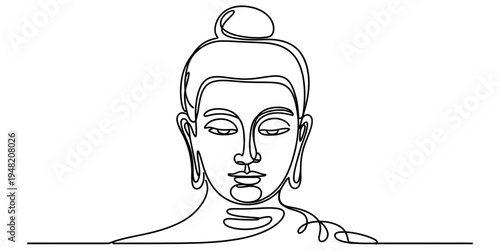 A continuous single line drawing of the serene face of buddha featuring a minimalist art style Vector, illustration