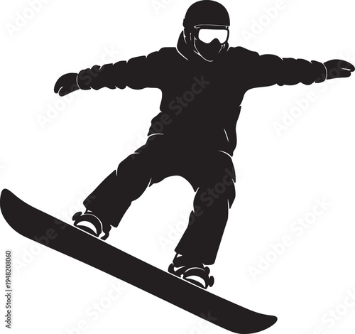 Black silhouette of a snowboarder in motion on a white background also transparent background snowboarding