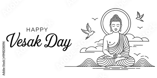 Minimalist line art illustration of lord buddha meditating for the celebration of vesak day event Vector, illustration