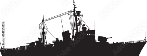 Black silhouette of a warship with multiple gun turrets and masts against a white background also transparent background