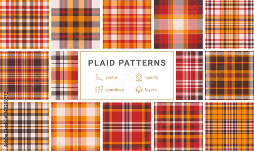 A classic seamless tartan background featuring warm harvest colors like orange, red, and brown. Ideal for seasonal autumn designs, textile projects, apparel, and inviting website textures.