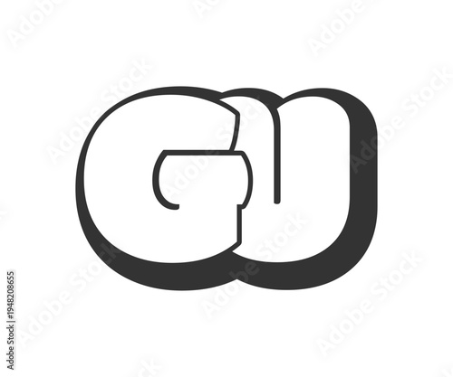 GU logo, bubble comic lettering, rounded in graffiti style black and white silhouette. Trendy preschool G and U letter text for festival party, personal initials, children funky print and web.