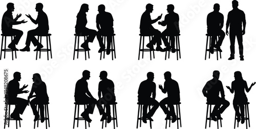 Business conversation silhouettes set people sitting on stool discussing meeting communication teamwork discussion partnership isolated on white background vector