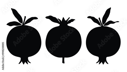 A simple yet elegant illustration of three pomegranates in a row, showcasing their distinctive shapes and leafy crowns in a minimalist black silhouette on a white background