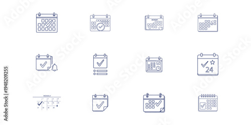 Calendar and appointment icon set in thin line style, schedule management and planning vector illustrations