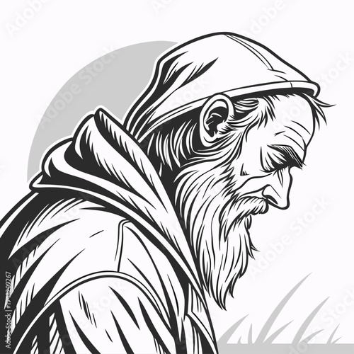 Vector illustration of a sad old man with beard and hood