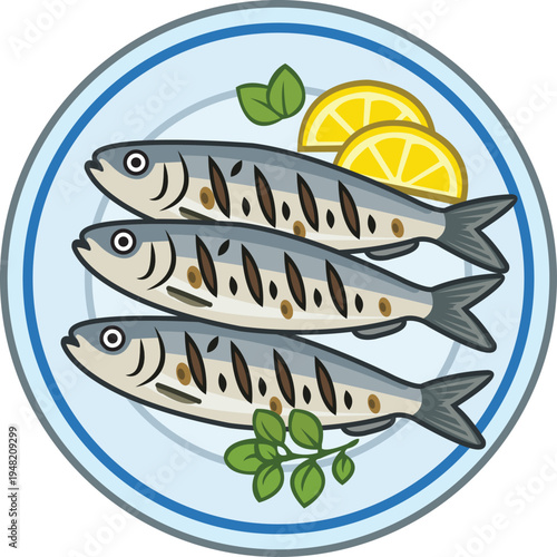 Greek Grilled Sardines on Plate With Lemon and Herbs Mediterranean Seafood Dish Illustration