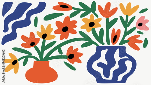 Vibrant floral illustrations of spring flowers in decorative vases, perfect for home interior decoration and bringing a touch of nature indoors