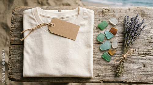 Eco style flat lay of folded natural t-shirt on rustic wooden bench with blank craft tag for mockup, sea glass and lavender by the beach.