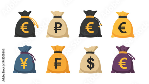 Financial wealth concept: Set of money bags with international currency symbols like Euro, Dollar, Yen, Ruble, Franc in flat design.