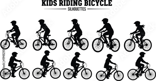 Kids riding bicycle silhouettes set with children cycling in different riding poses, active outdoor biking collection isolated on white background for sport and recreation design