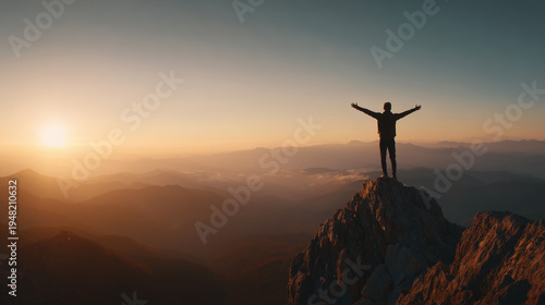 silhouette of man standing on mountain peak at sunrise with arms raised, hiker celebrating success on mountain summit at golden sunrise, person reaching mountain top with open arms overlooking scenic 