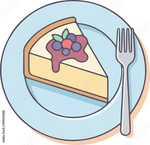 Vector A delicious slice of Berry Cheesecake with cream and cherry on a plate in a cute cartoon style illustration