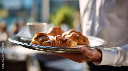 Close-up of a faceless waiterâs hand expertly carrying a silver tray with fresh croissants and espresso, Morning in Amalfi, blurred luxury cafÃ© terrace background, soft morning sun