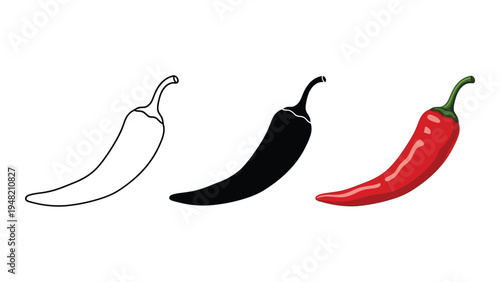 A vibrant illustration of three chili peppers in different stages of coloring, showcasing a white outline, a solid black fill, and a bright red fill with green stem.