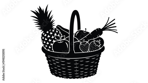 A black and white illustration of a wicker basket filled with various fruits and vegetables, including a pineapple, carrot, and leafy greens, symbolizing healthy eating and organic produce