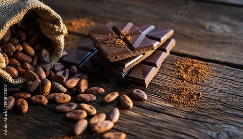 Rich dark chocolate bars and cocoa beans scattered on a rustic wooden table