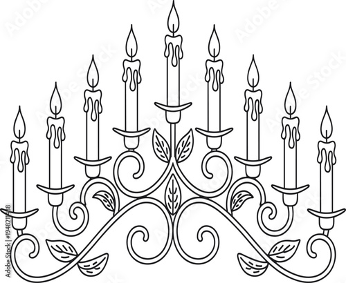 Black and white of a candelabra with nine candles and decorative swirls