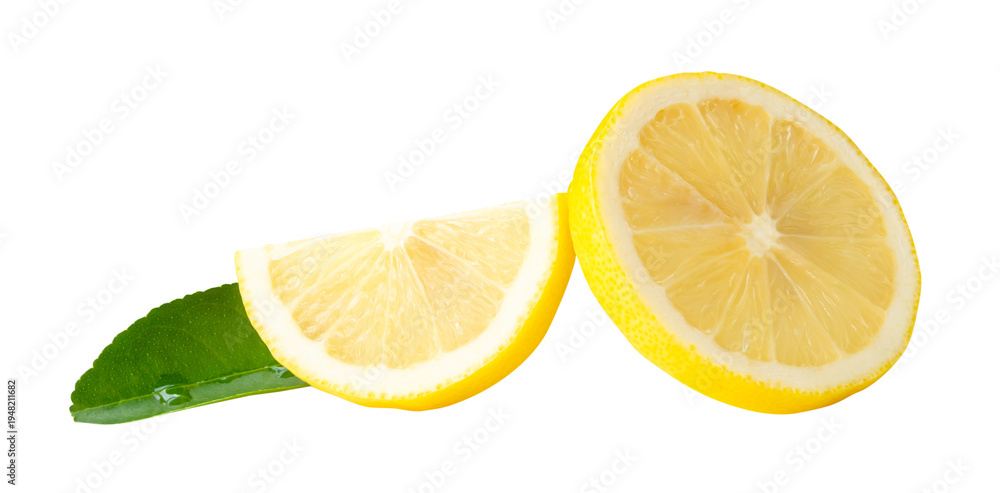 Fototapeta premium Front view of ripe yellow lemon fruit in circle slice and halved circle slice with green lemon leaf in stack isolated with clipping path in png file format