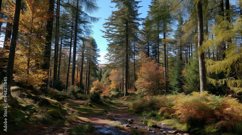 Fototapeta premium Pathway between tall trees under a clear blue sky, a picturesque autumn scene of the forest 