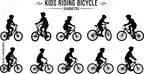 Kids riding bicycle silhouettes set with children cycling in different riding poses, active outdoor biking collection isolated on white background for sport and recreation design