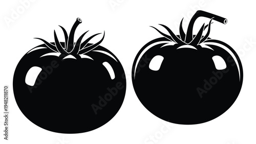 A detailed analysis of two black tomatoes with green leaves on a white background for food illustration and design