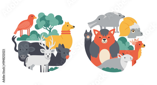 Farm and Forest Animals Illustrated in Circular Design