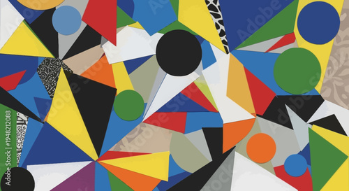 Abstract geometric composition features sharp triangles and colorful.