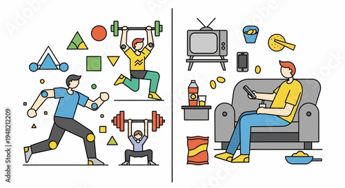 Active Lifestyle Versus Sedentary Lifestyle Depicted Through Geometric Illustrations