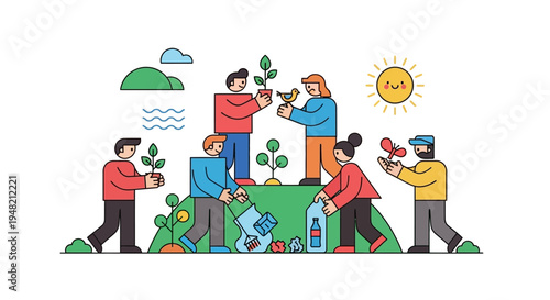 Community collaboration for environmental protection diverse team nurturing nature, planting trees, cleaning waste, and promoting a sustainable, eco-friendly future