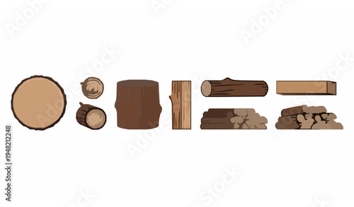 Tree Log and Timber Wood Materials Set Minimal Forestry Vector Illustration Isolated on White