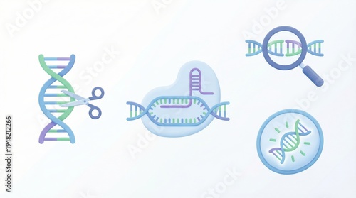 Molecular manipulation concepts featuring abstract DNA structures scissors and magnifying glass representing genetic editing innovation and exploration in biotechnology