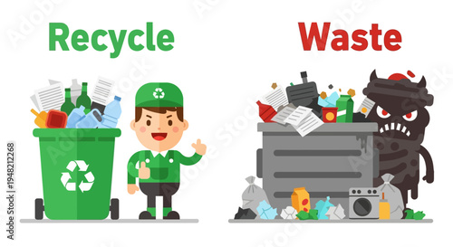 Vibrant illustration comparing responsible recycling with messy, irresponsible waste disposal for environmental awareness and sustainable living
