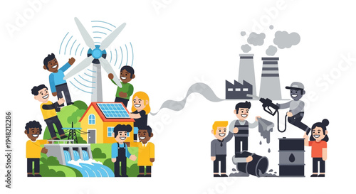 Renewable energy and industry comparison with clean and polluted environments and people interacting