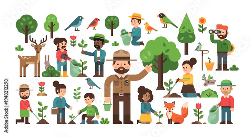 People and animals tending to plants and trees in a vibrant nature-themed illustration