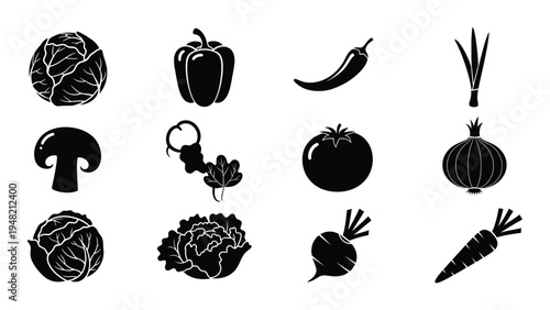 A comprehensive collection of vegetables and fruits in black silhouette: exploring the diverse world of plant-based foods and ingredients