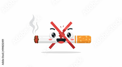 Whimsical cartoon cigarette character with a clear red prohibition symbol, advocating for smoking cessation and a healthier, smoke-free environment