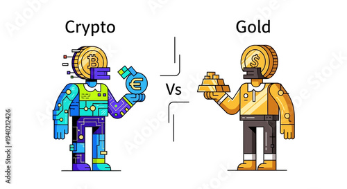 Abstract visualization comparing the dynamic world of digital cryptocurrencies against the enduring value of traditional gold investments